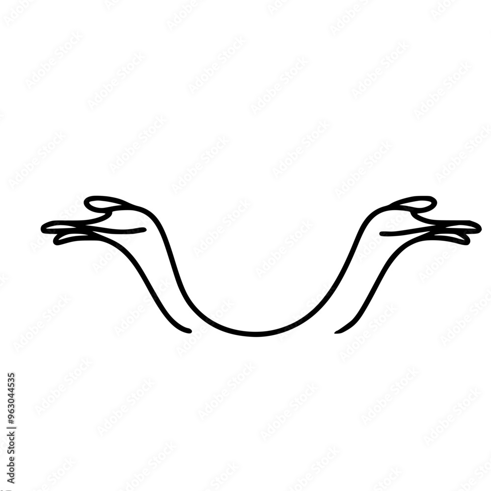 Linear vector drawing of two hands with fingers extended to the sides, creating a symmetrical shape Linear vector drawing of two hands with fingers extended to the sides, creating a symmetrical shape