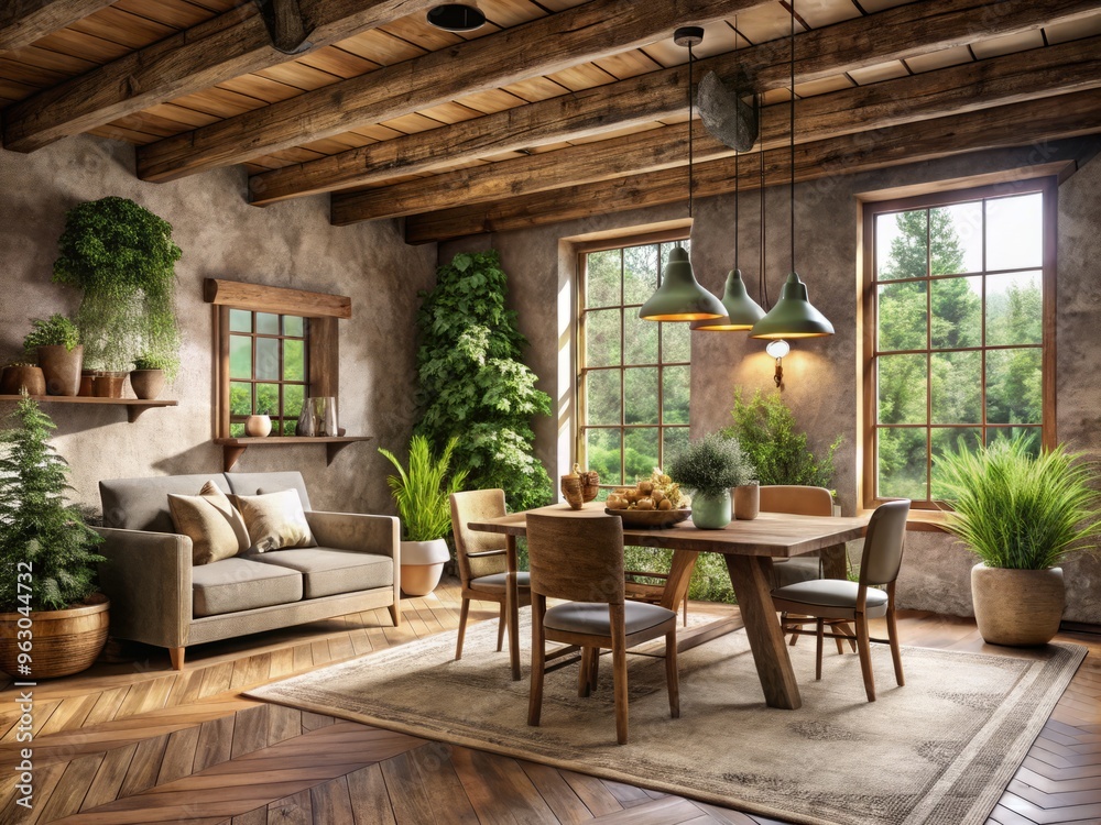 Fototapeta premium Rustic Farmhouse Interior Design Plastering Vector Elements Mood Forest