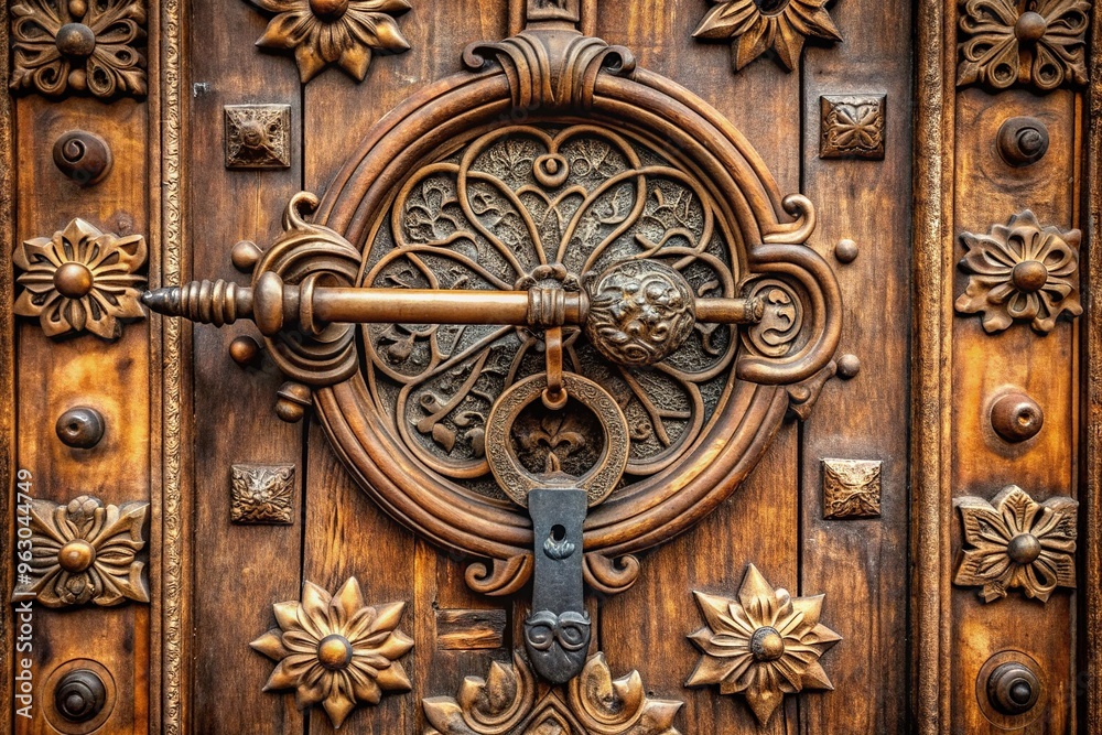 An ornate, old-fashioned door with a large, rusty key-shaped door knocker in the center, surrounded by intricate carvings and ornamental hinges. An ornate, old-fashioned door with a large, rusty key-shaped door knocker in the center, surrounded by intricate carvings and ornamental hinges.