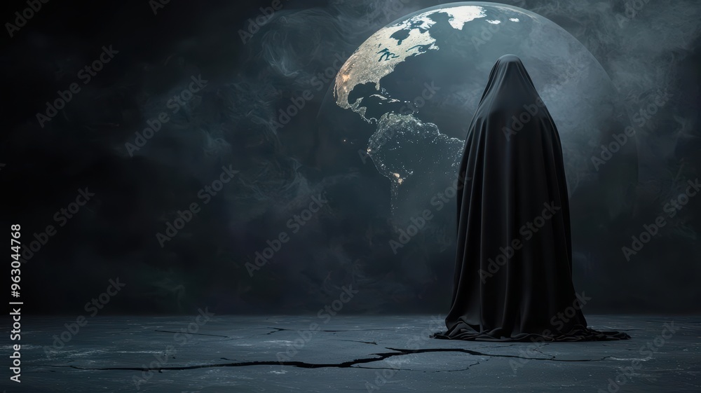 Grim reaper, draped in a dark cloak, hovering over a cracked globe in a post-apocalyptic world. Grim reaper, draped in a dark cloak, hovering over a cracked globe in a post-apocalyptic world.