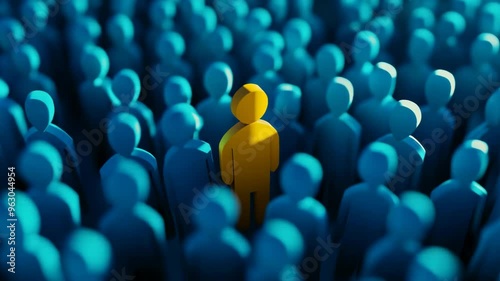 A single yellow figure standing out in a crowd of blue, representing individuality and leadership
