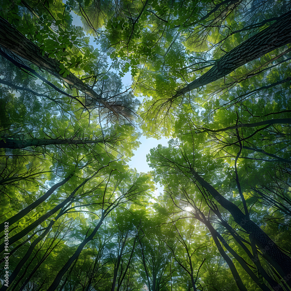 Fototapeta premium Ascending Tranquility: A Captivating Forest Scene with Towering Trees and a Vibrant Sky