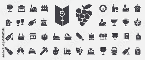 wine winemaking collection glyph icons, glasses bottles grapes, wine barrels