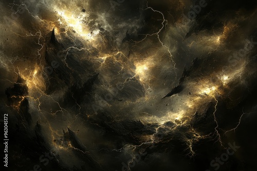 Dramatic stormy sky with powerful lightning strikes and ominous clouds