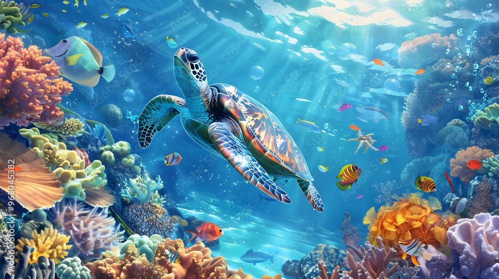 Fototapeta premium Vibrant Underwater Scene with Marine Life and Sea Turtle.