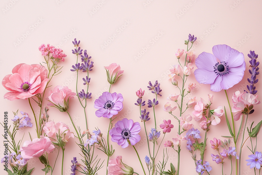Obraz premium Pastel Floral Arrangement. A minimalistic floral composition featuring pink and purple blossoms