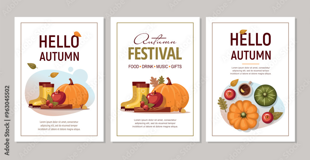 Set Hello Autumn greeting card. Poster template with pumpkin, boots and apple. Celebration harvest concept. Set Hello Autumn greeting card. Poster template with pumpkin, boots and apple. Celebration harvest concept.