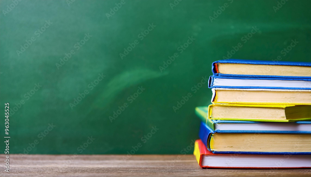 Stack of school books against green chalkboard. Reading and education concept.