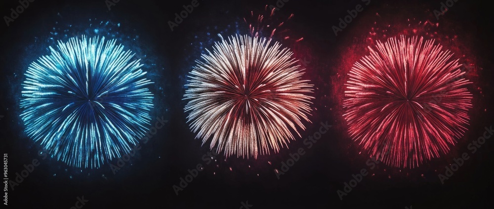 Fototapeta premium Vibrant 3D rendering of colorful fireworks display at night, New year party concept. 