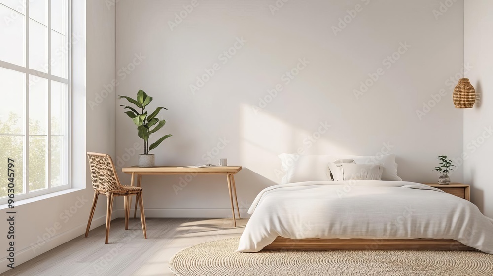 Minimalist bedroom with space for meditation and a desk, calming and versatile Minimalist bedroom with space for meditation and a desk, calming and versatile
