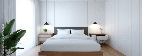 Minimalist bedroom with multifunctional storage and workspace, sleek and practical photo