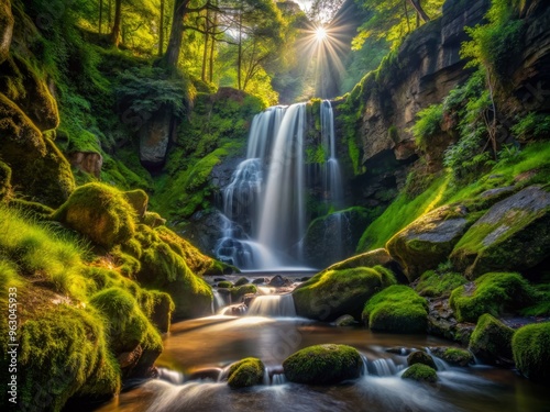 Secluded waterfall on moss-covered rocky trail with dramatic lighting