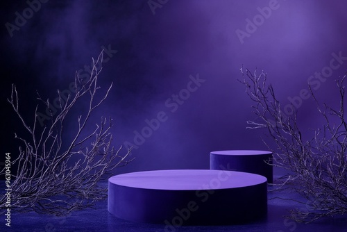 Halloween Podiums with Leafless Branches - Spooky Purple Background
