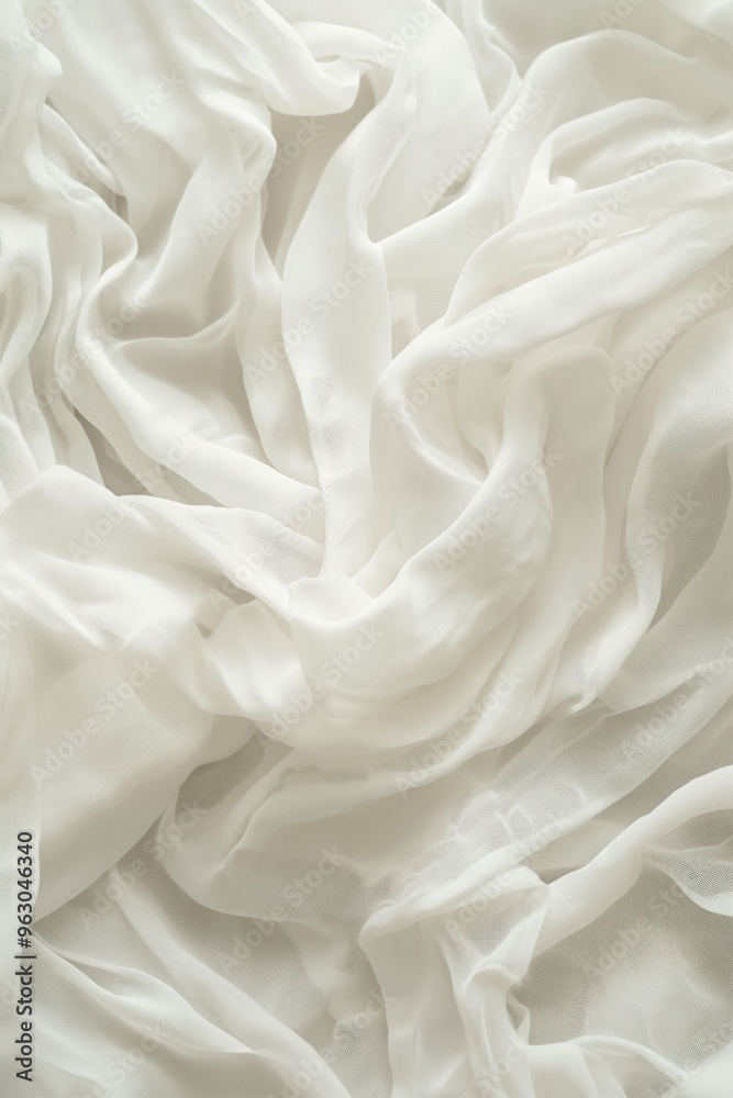 Close-up view of white fabric with curled texture. Wrinkled fabric adds depth and dimension. Blurred background focuses on fabric pattern and texture. Perfect for fashion, textile, or design projects.