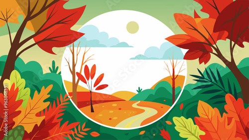 Red and green leaves autumn with White circle space. Freehand drawing style