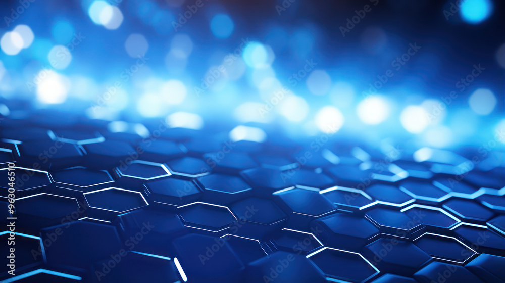 Fototapeta premium Blue hexagon background. Hexagonal structure, honeycomb pattern, metallic. Illuminated outlines. Depth and three-dimensionality. Modern, geometric, futuristic and technological design.