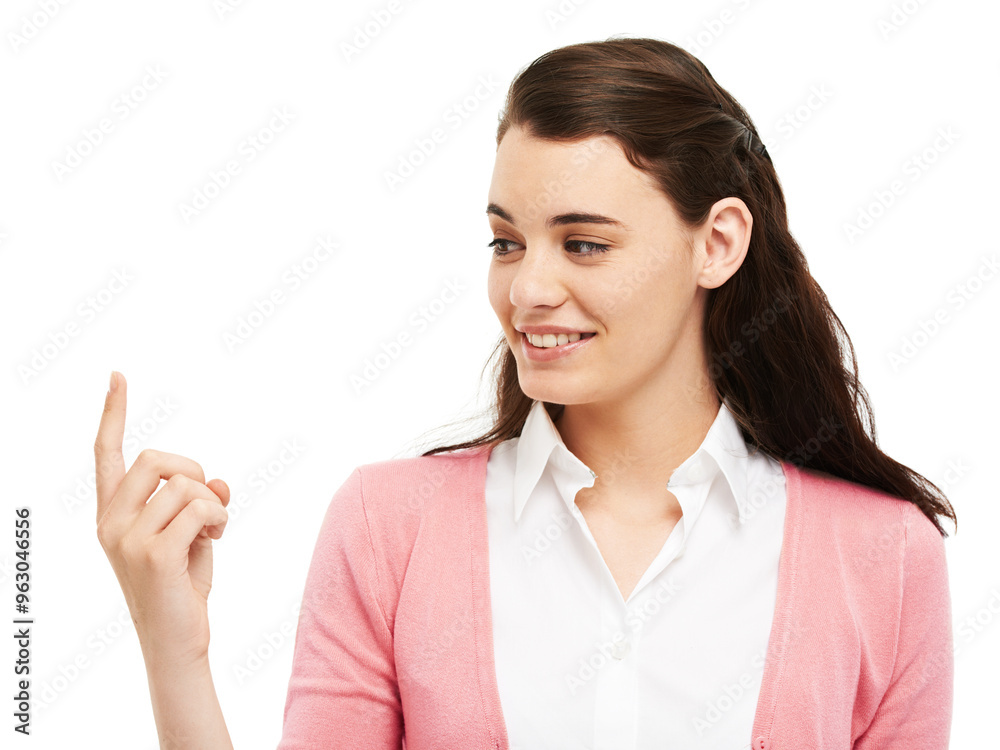 Smile, girl and pointing of direction in studio for presentation news, scholarship deal and announcement. Happy, woman and student advertising, university schedule and sign up on white background Smile, girl and pointing of direction in studio for presentation news, scholarship deal and announcement. Happy, woman and student advertising, university schedule and sign up on white background