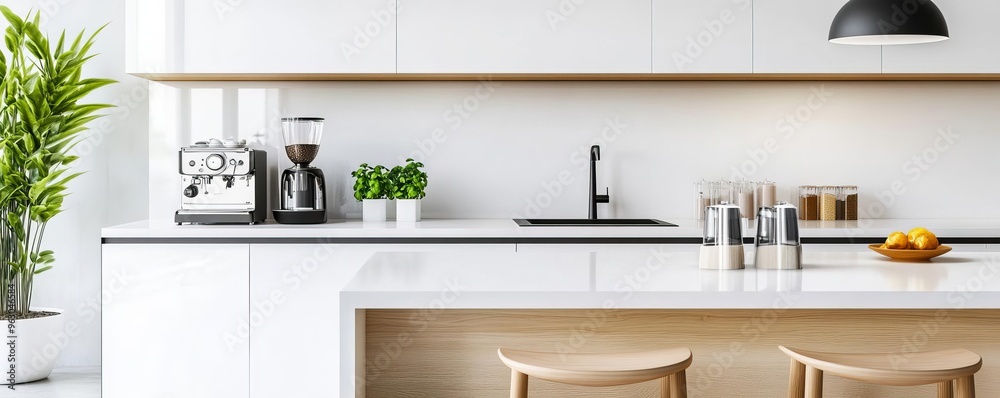 Fototapeta premium Modern kitchen with a barista corner and work area, culinary and creative fusion