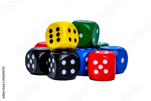 Different colored dice on a transparent background. Five bright colors.