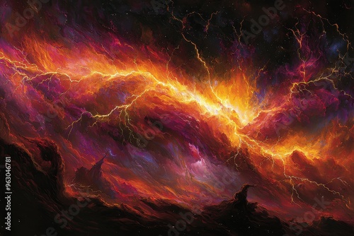 Dramatic stormy sky with vibrant colors and lightning