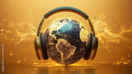 Earth with headphone on light back background