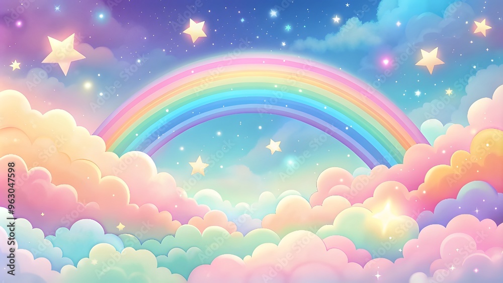 Holographic fantasy rainbow background with clouds and stars. Pastel color sky. Magical landscape, abstract fabulous pattern. Cute candy wallpaper Holographic fantasy rainbow background with clouds and stars. Pastel color sky. Magical landscape, abstract fabulous pattern. Cute candy wallpaper