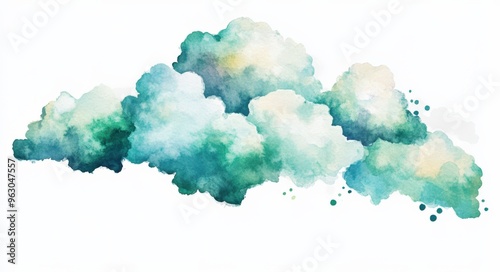 Cloud Clipart. Watercolor Painting of Green Cloud in Artistic Style