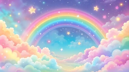 Ingelijste posters Regenboog Pastel regenboog met wolken en sterren  © designhunt