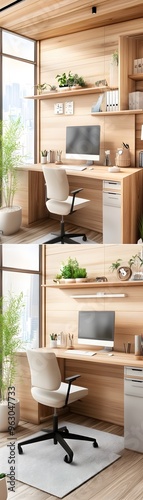 Minimalist Home Office Desk with Wooden Walls and City View.