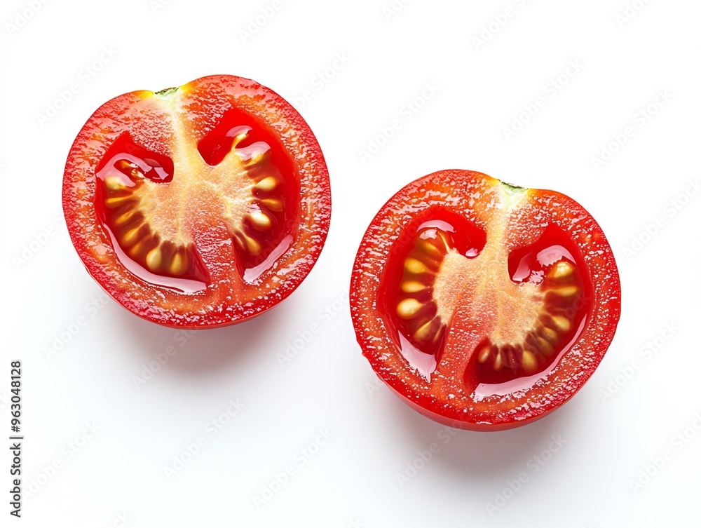 Two halved cherry tomatoes on a white background. Two halved cherry tomatoes on a white background.
