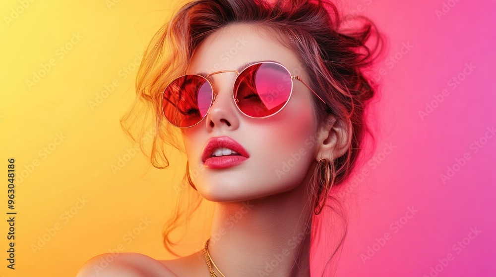 Fototapeta premium Fashionable Female Model in Vivid Pink Background with Orange Reflection