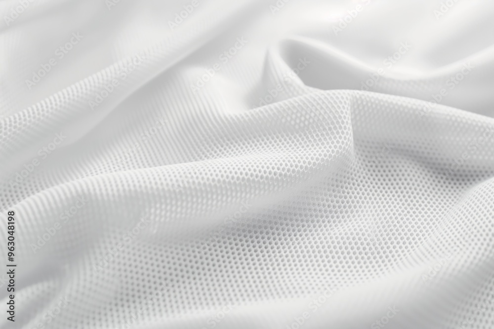 Close-up view of white sports fabric with textured pattern. Small holes create depth, dimension. Blurred background highlights intricate details. For fitness, sportswear, abstract design concepts. Close-up view of white sports fabric with textured pattern. Small holes create depth, dimension. Blurred background highlights intricate details. For fitness, sportswear, abstract design concepts.