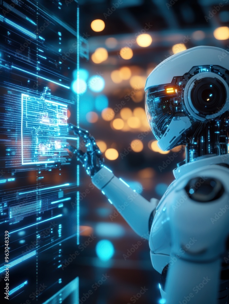 A robot interacting with a floating holographic blueprint, showcasing advanced technology and futuristic design. A robot interacting with a floating holographic blueprint, showcasing advanced technology and futuristic design.