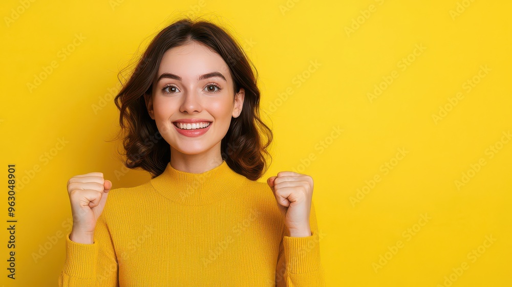 Portrait of gorgeous young woman raise fists wear top isolated on yellow color background, studio portrait Portrait of gorgeous young woman raise fists wear top isolated on yellow color background, studio portrait