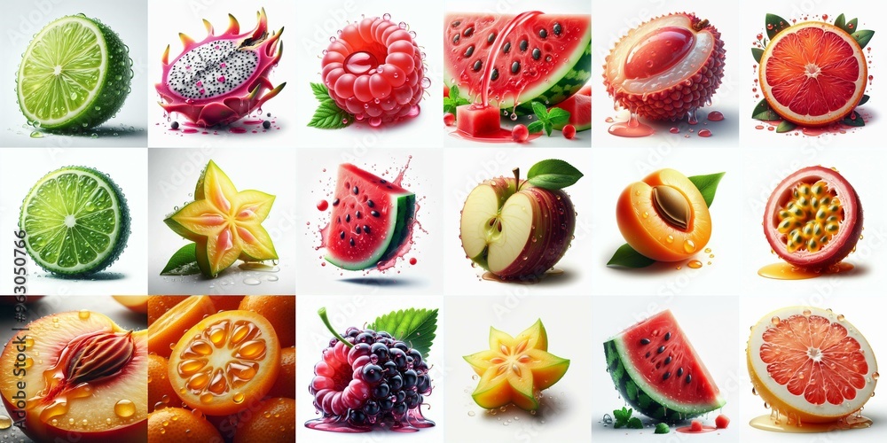 Different sliced fruits. AI generated illustration