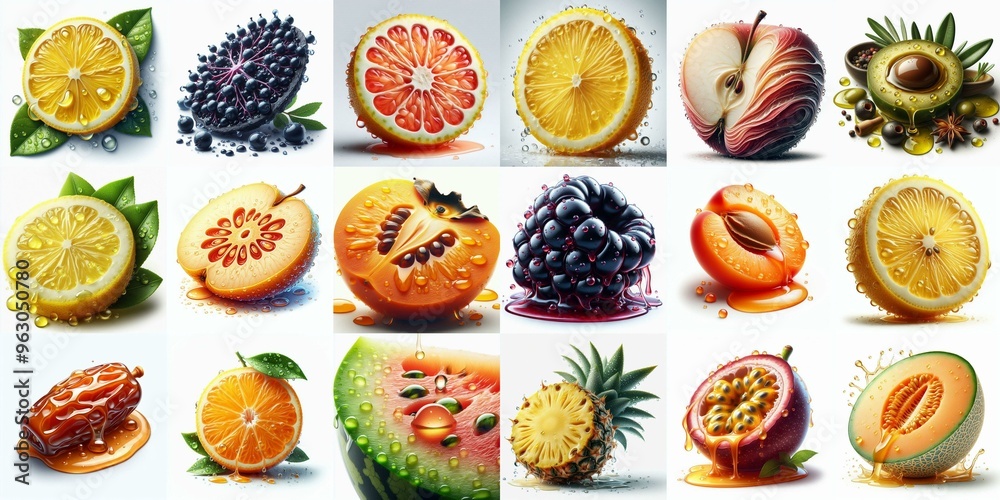 Different sliced fruits. AI generated illustration