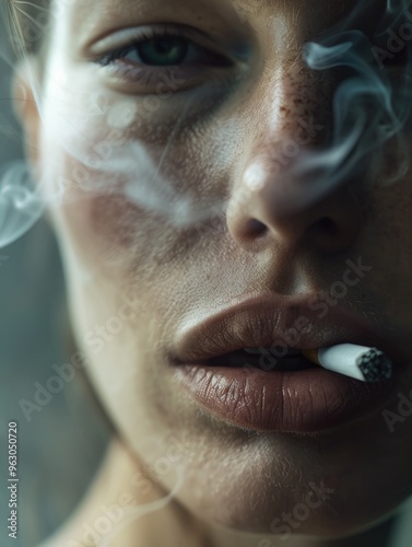 A woman is smoking a cigarette and the smoke is coming out of her mouth