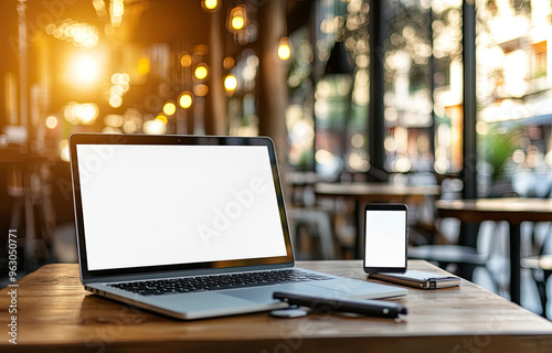 White screen laptop and mobile on the table. Created with Ai