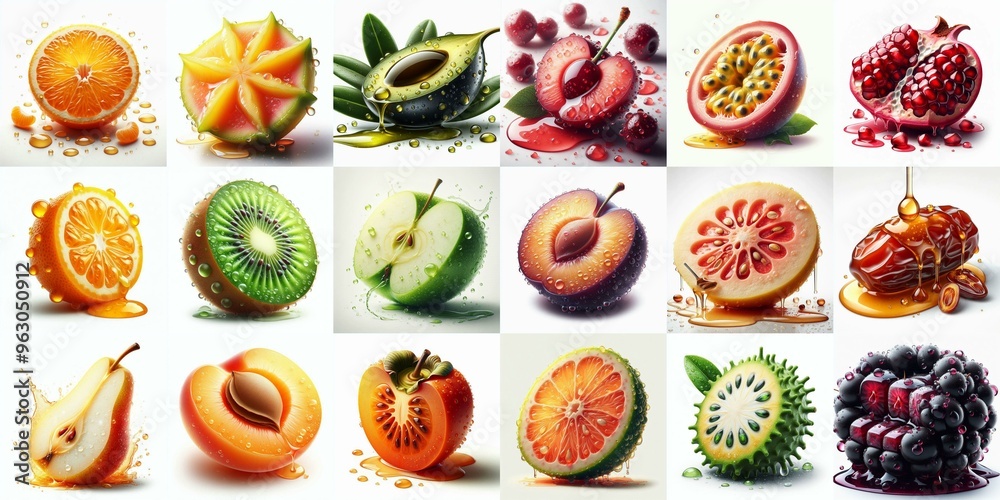 Different sliced fruits. AI generated illustration