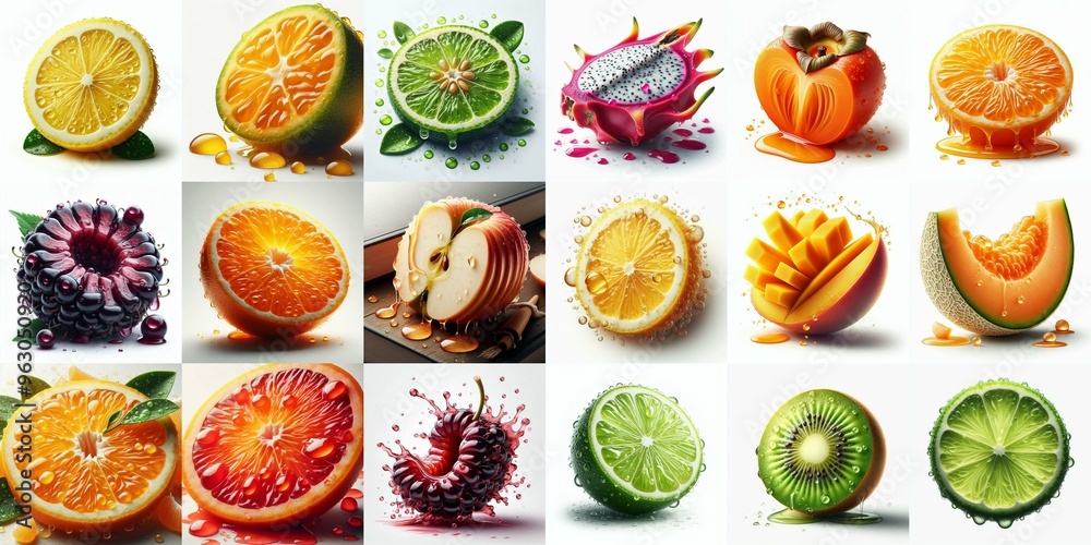 Different sliced fruits. AI generated illustration