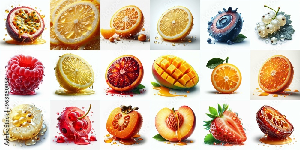Different sliced fruits. AI generated illustration