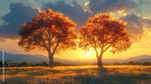 Two vibrant trees silhouetted against a sunset sky.