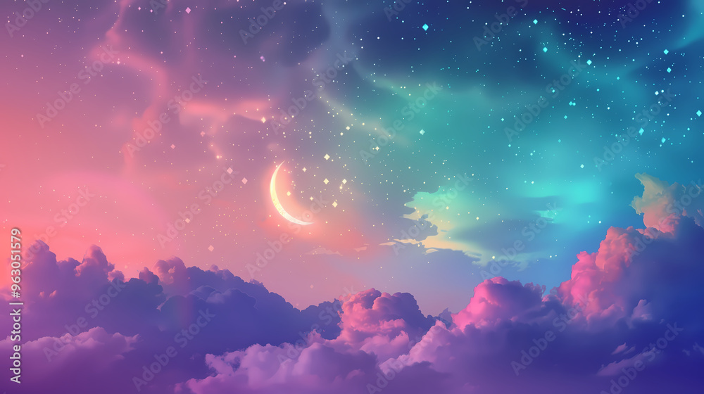 Fototapeta premium Crescent moon glowing in a fantasy night sky, vibrant colors, twinkling stars, soft clouds drifting, magical and dreamy mood, wallpaper, Ramadan 