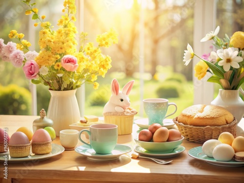 Soft pastel Easter morning breakfast table with soft focus and warm lighting photo