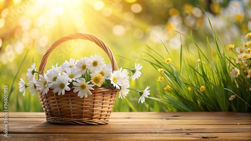 White flowers in wooden basket on yellow spring background 3D Rendering
