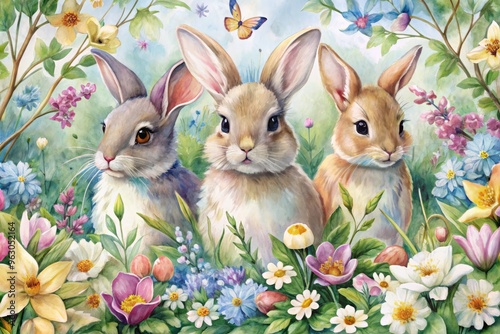 soft watercolor design features easter bunnies amidst blooming flowers photo