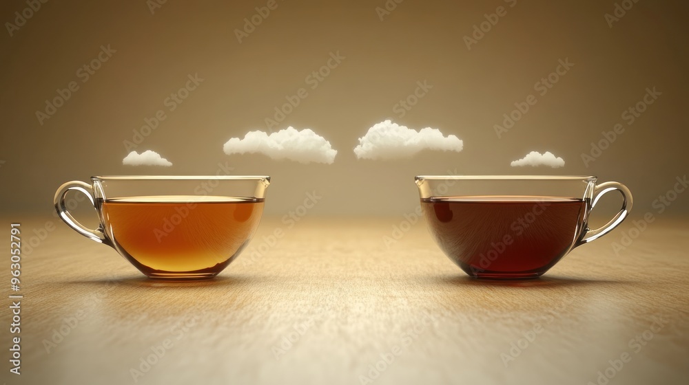 Two cups of tea rest on a wooden tabletop, inviting tranquility and warmth Two cups of tea rest on a wooden tabletop, inviting tranquility and warmth