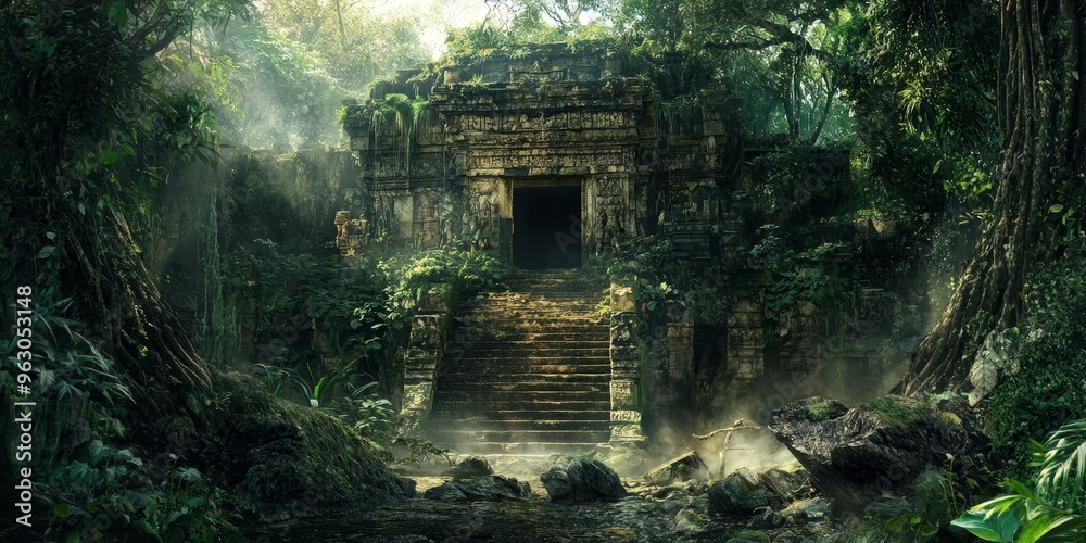 Jungle overgrown ancient stone temple entrance. Jungle overgrown ancient stone temple entrance.
