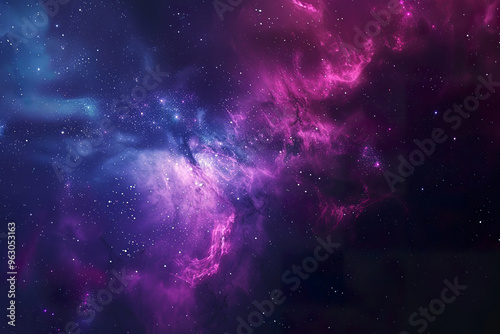 A colorful space scene with a purple and green cloud in the middle,