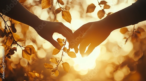 Loving couple holding hands close up, focus on, copy space warm golden lighting, Double exposure silhouette with intertwined vines photo